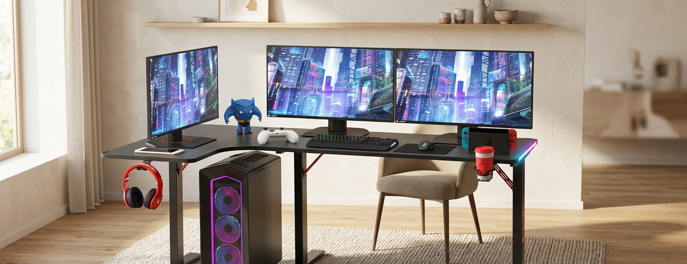 Bureau gaming en L 160 cm, setup RGB