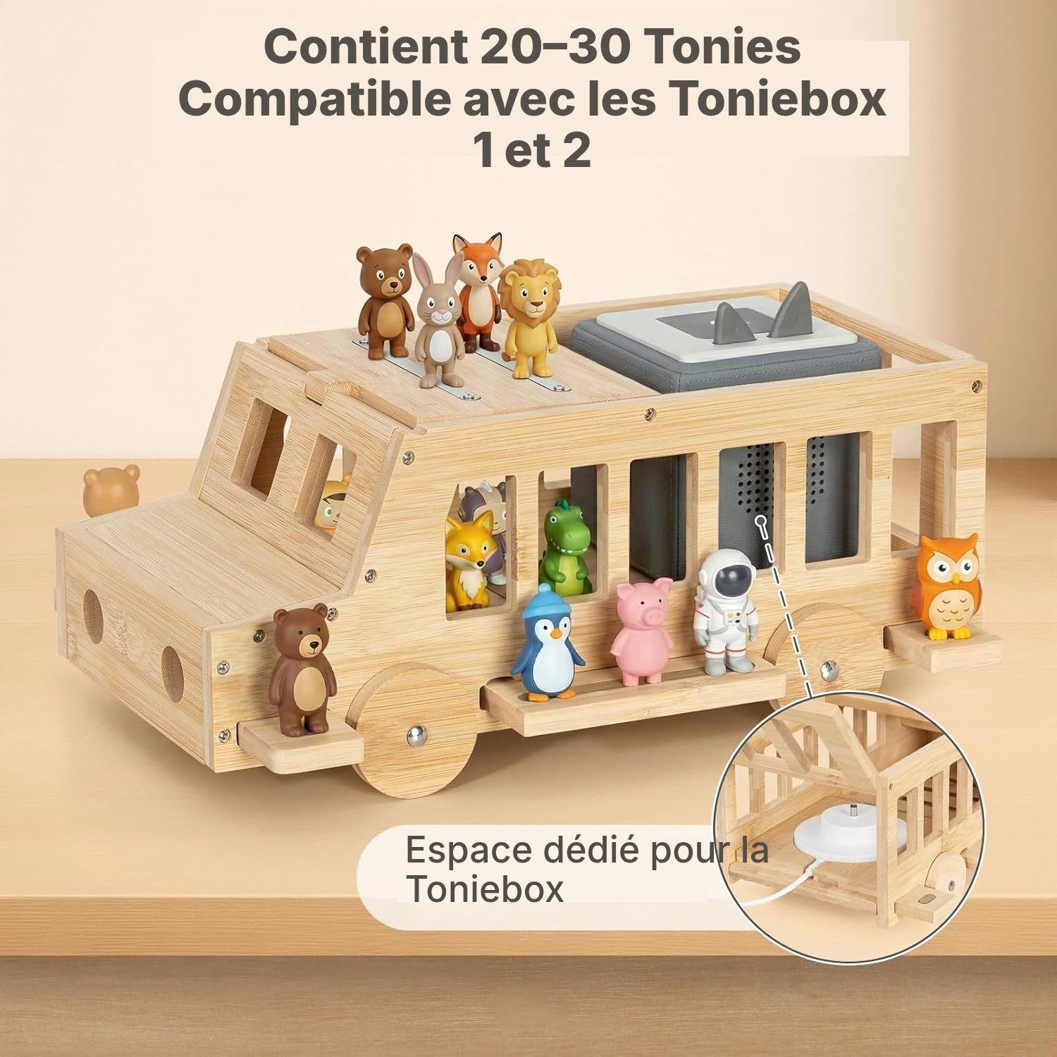 Étagère magnétique Toniebox/Tonies – bus 3D en bambou, 36 cm — 3