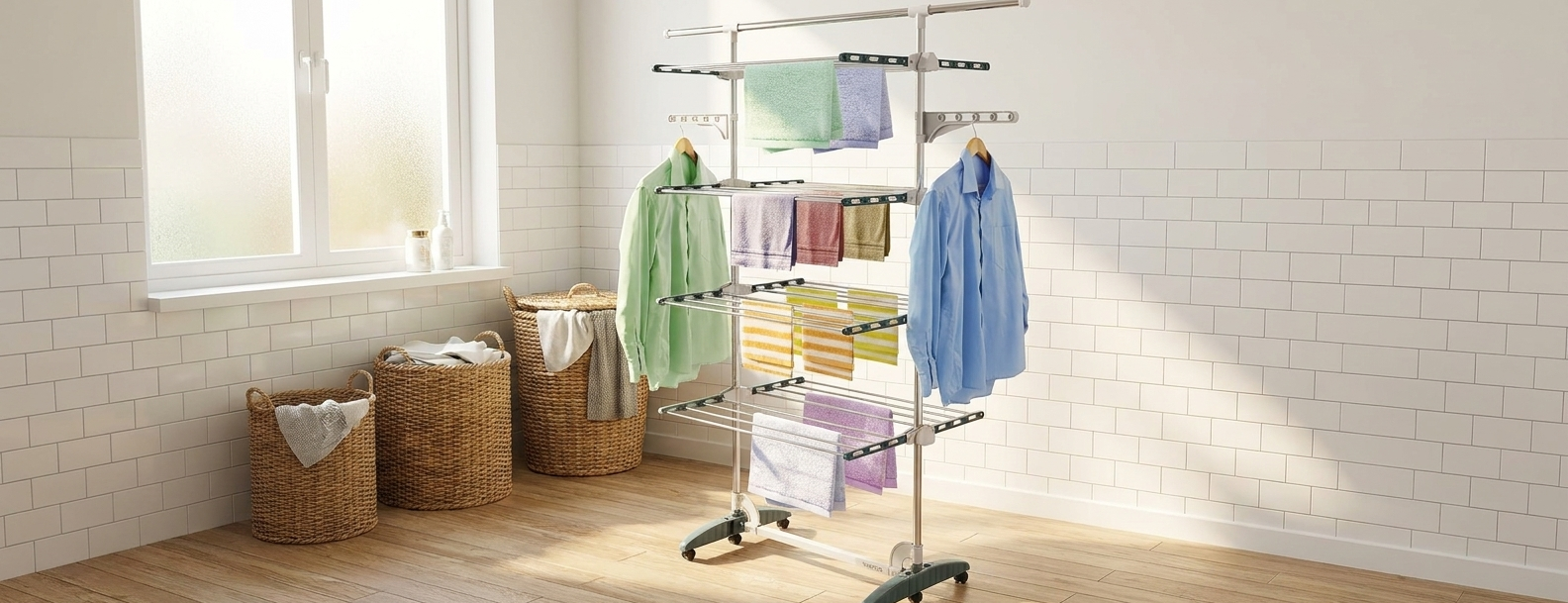 Étendoir à linge 4 niveaux — mobile, turquoise/blanc