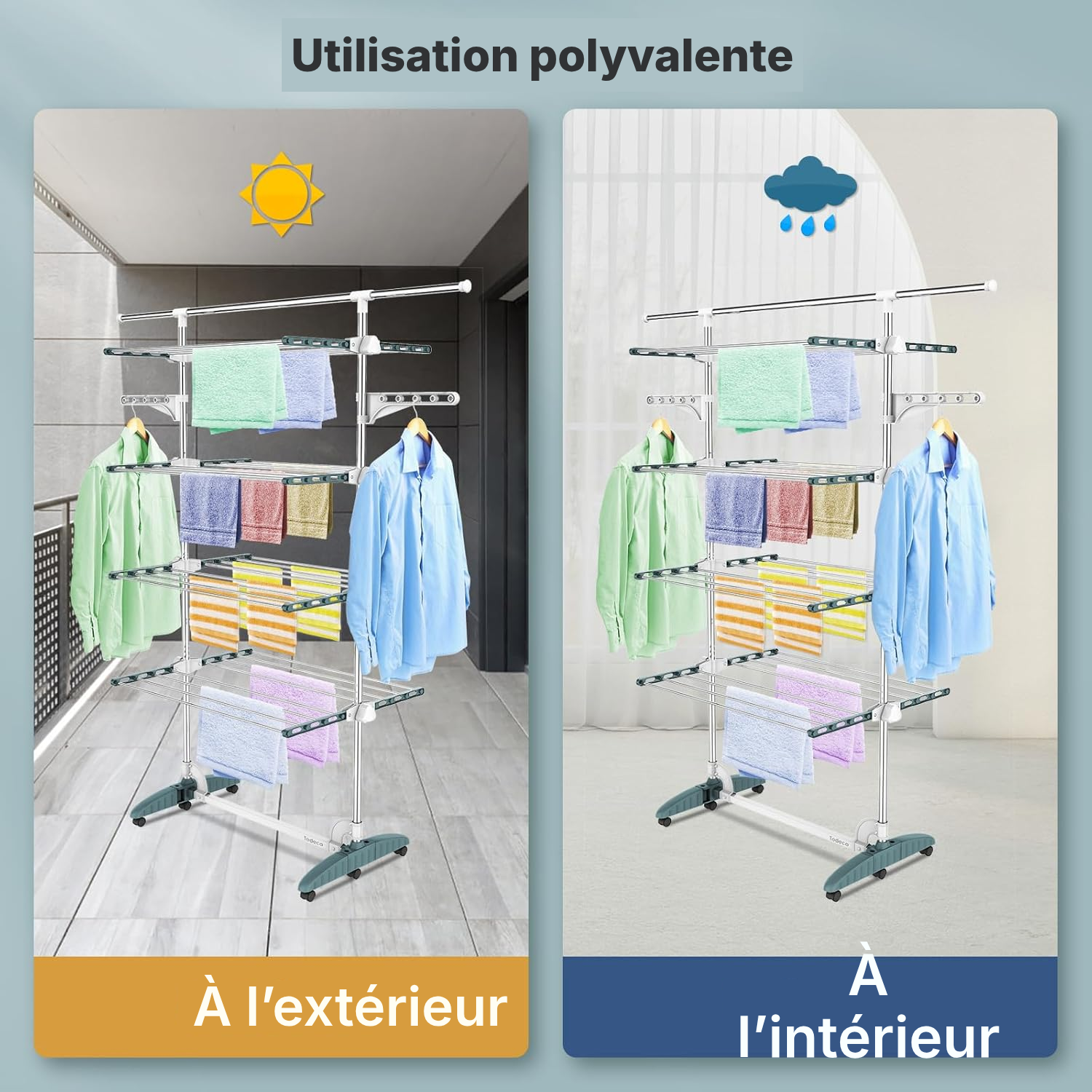Étendoir à linge 4 niveaux — mobile, turquoise/blanc — 4