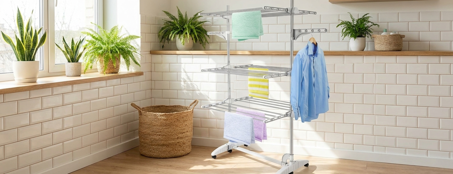 Étendoir à linge 3 niveaux blanc — gain de place
