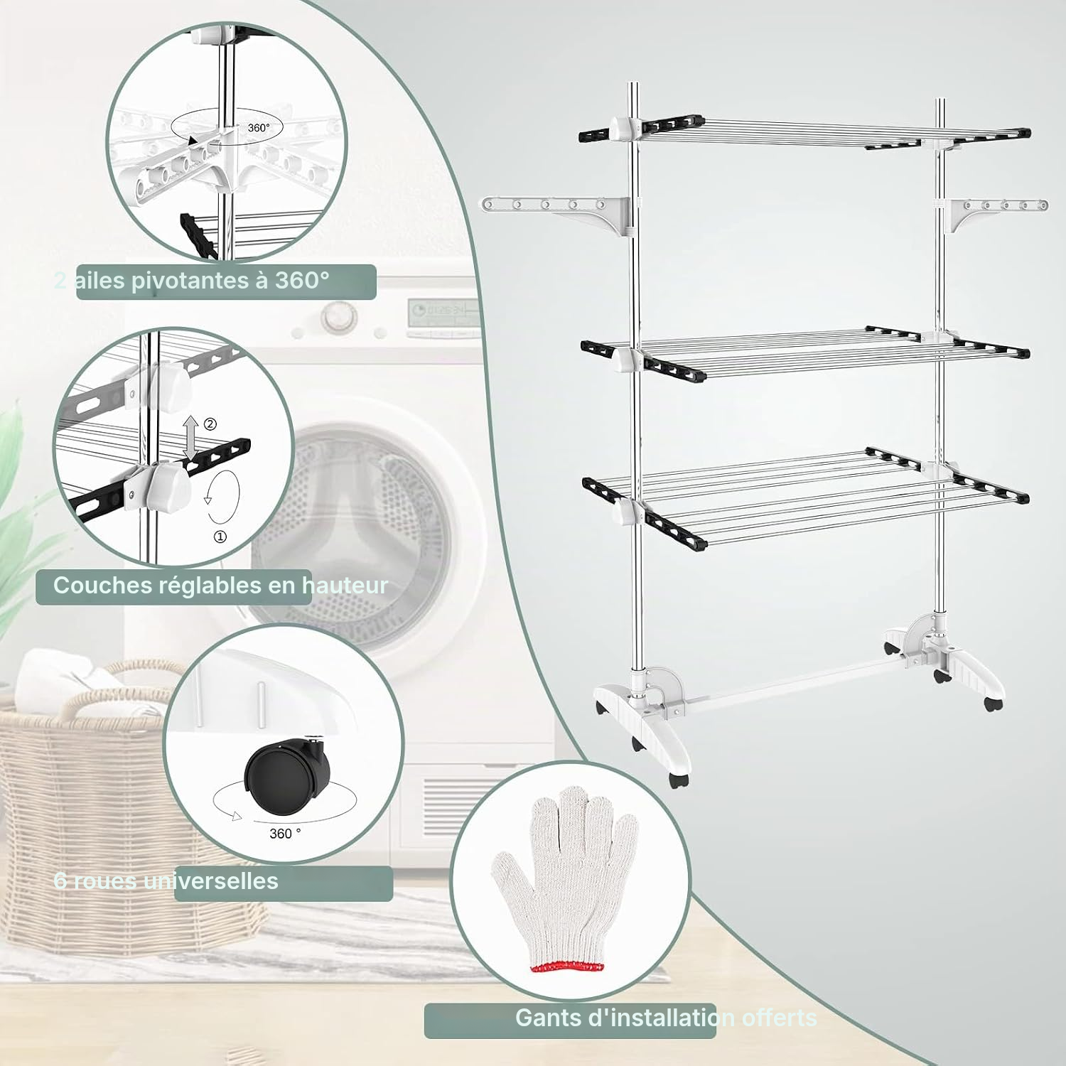 Étendoir pour linge extérieur noir 3 niveaux — 2