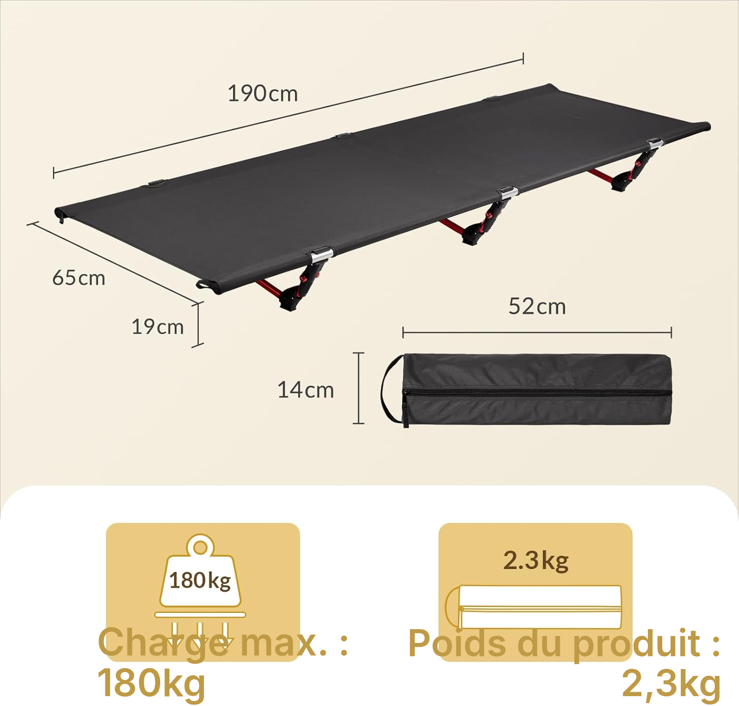 Lit camping noir 190 × 65 cm, hors sol — 3