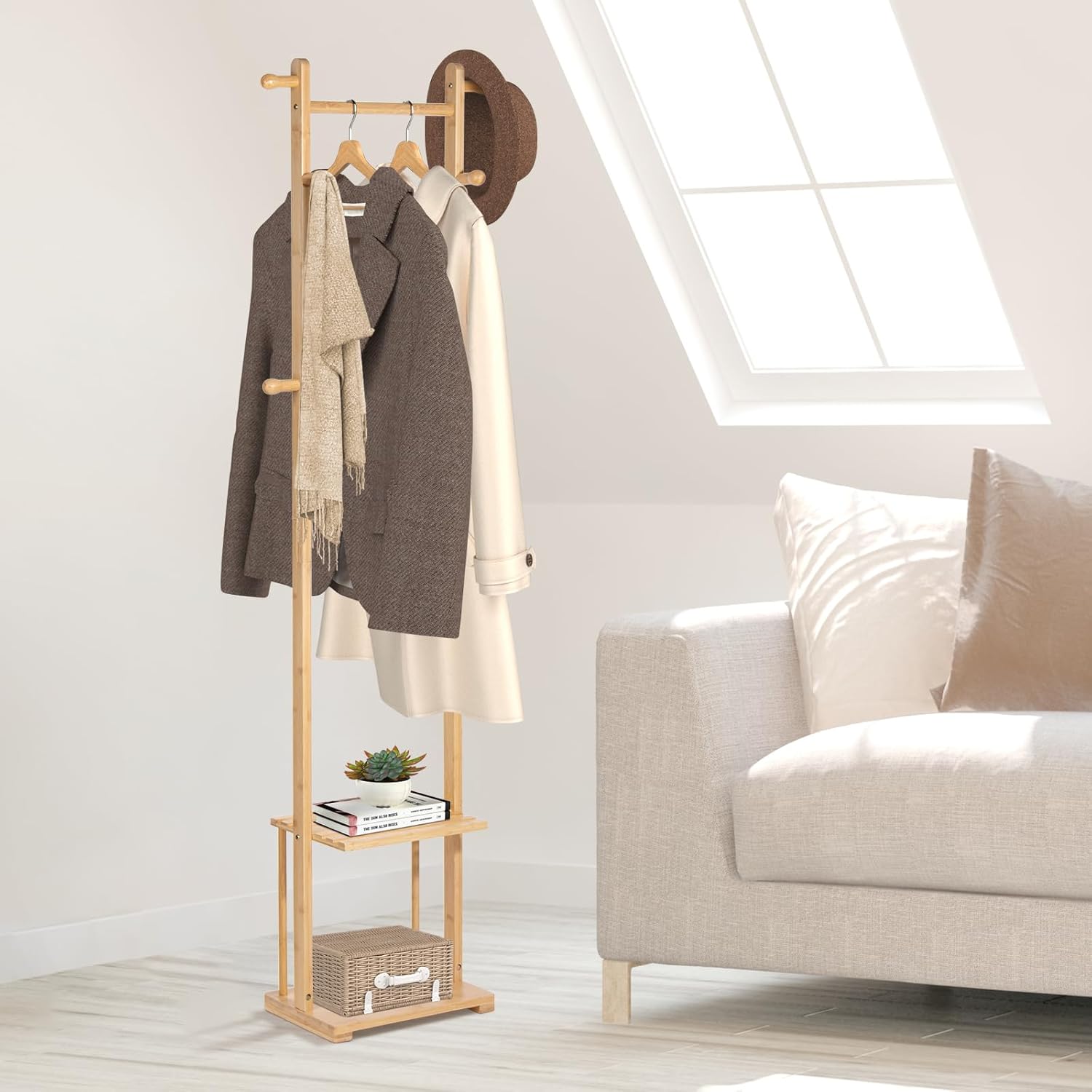 Portant manteau bambou — Bois naturel, entrée rangée — 7