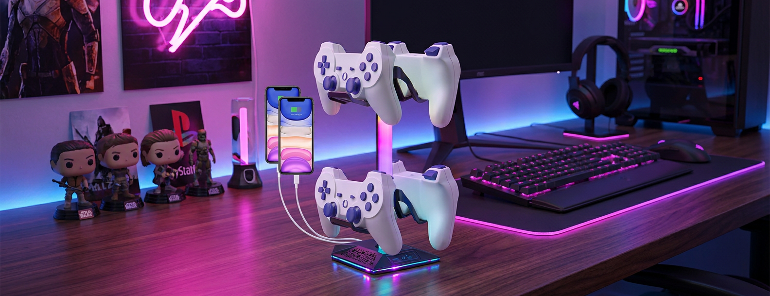 Porte manette RGB — bureau gaming organisé