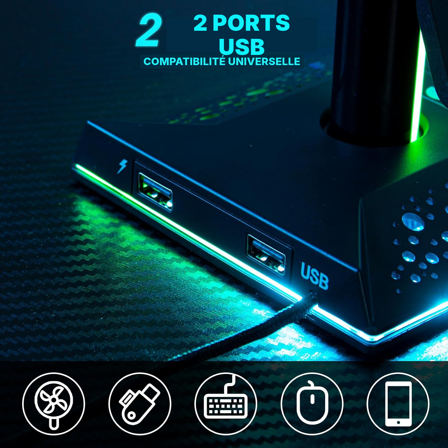Porte manette RGB — bureau gaming organisé — 3