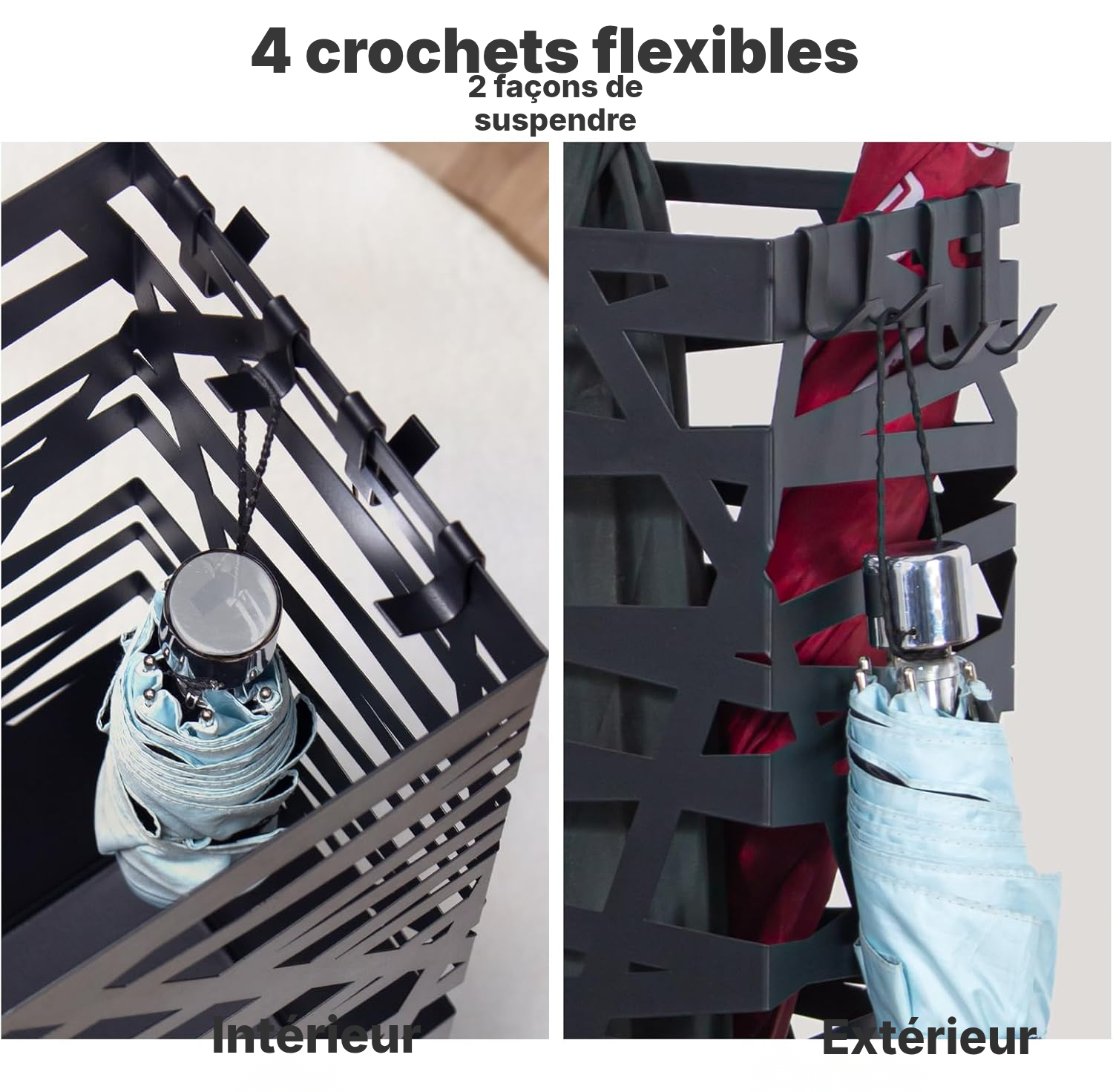 Porte parapluies 49 × 15,5 × 15,5 cm, crochets + bac — 3