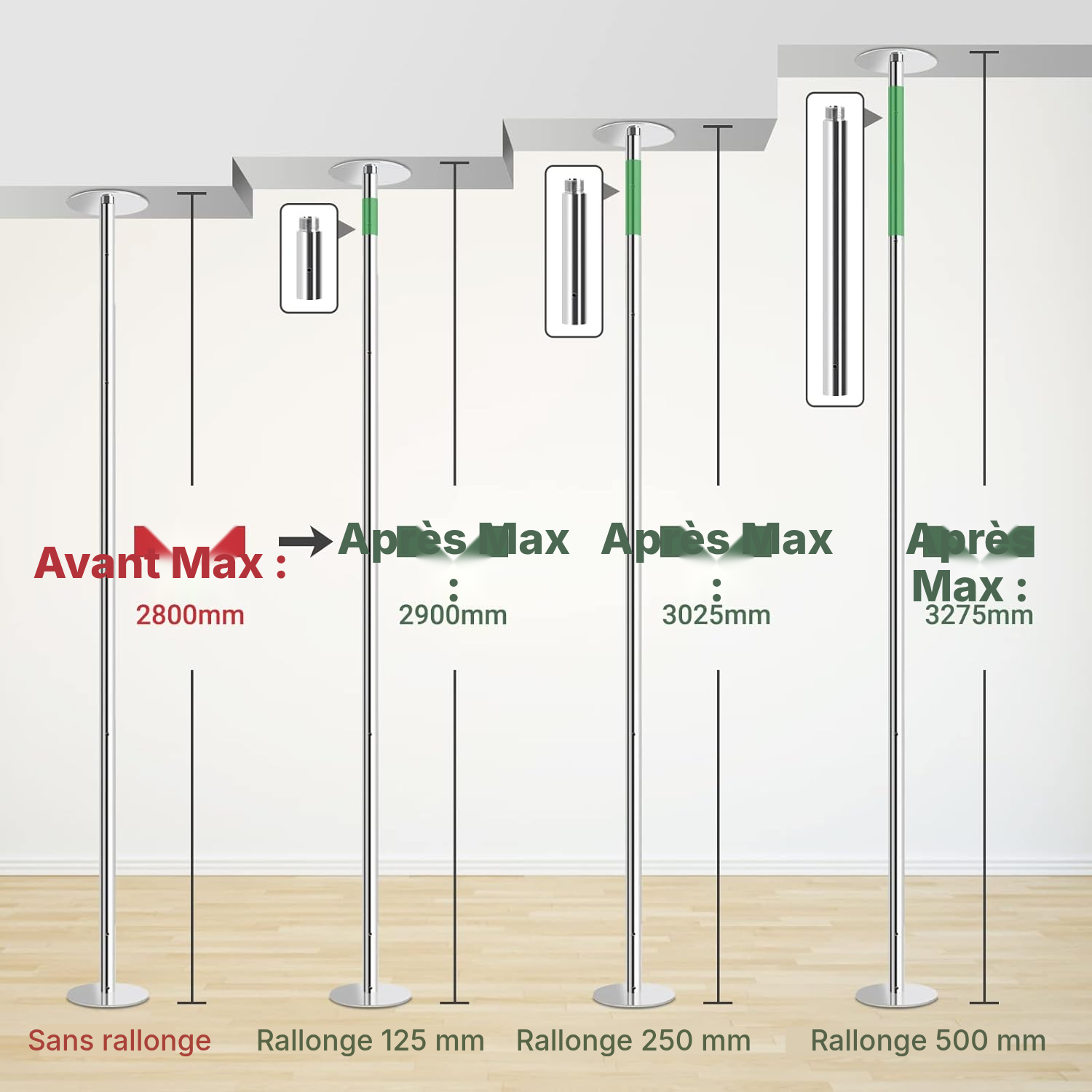 Extension de barre de pole dance chromée, 250 mm, Ø 45 mm — 3
