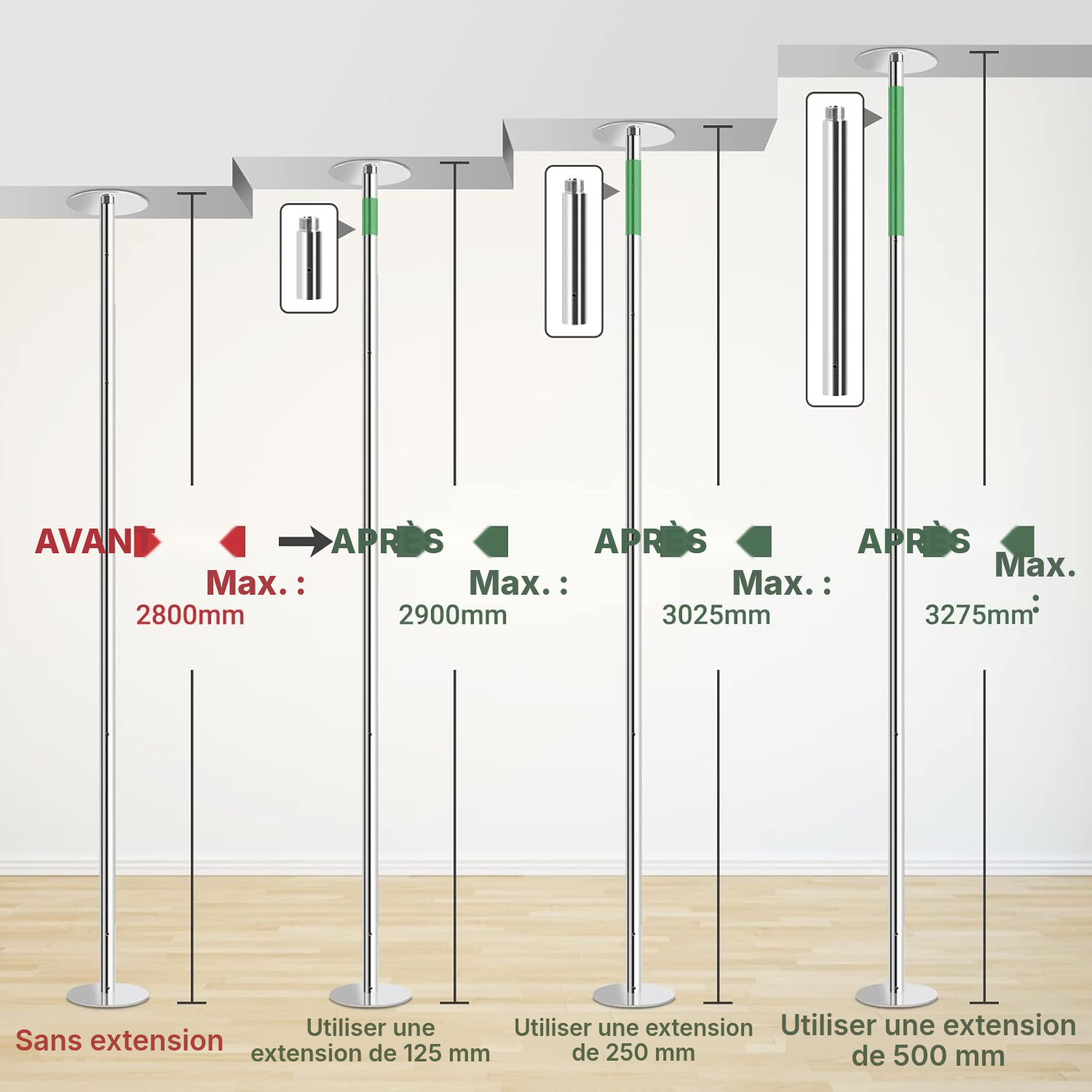 Bar pole dance: extension 500 mm pour plafond haut — 3