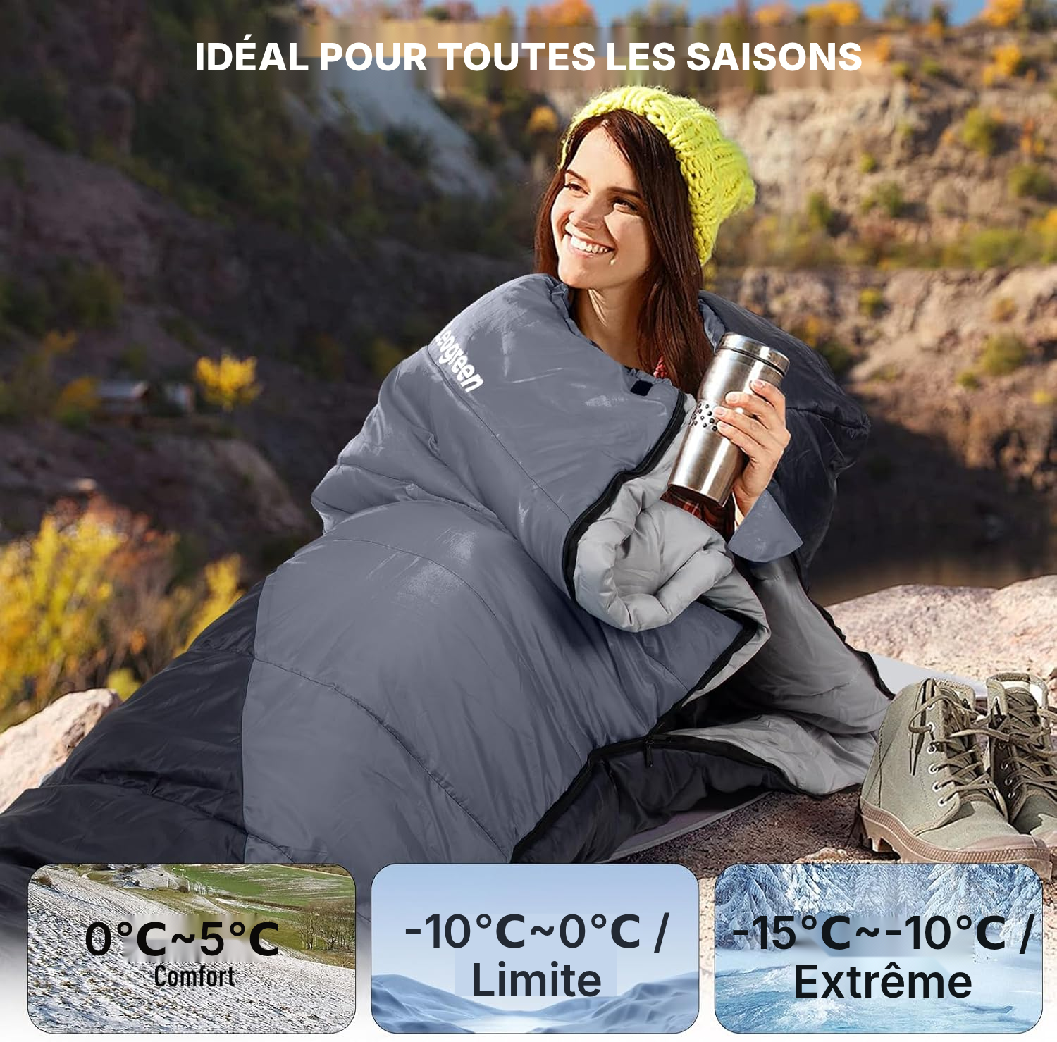 Sac de couchage gris foncé — confort 0 à 5°C — 2