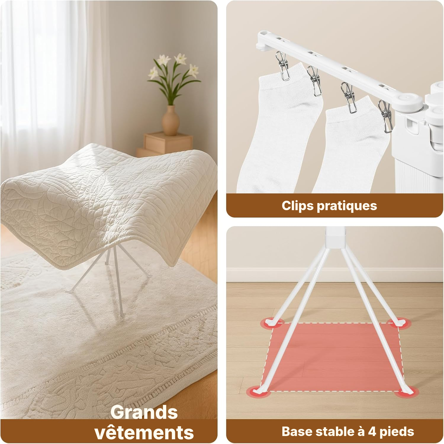 Étendoir pour linge 127 cm, trépied acier + pinces — 2