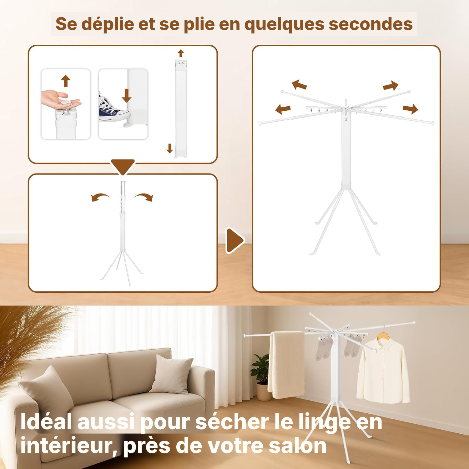 Étendoir pour linge 127 cm, trépied acier + pinces — 4