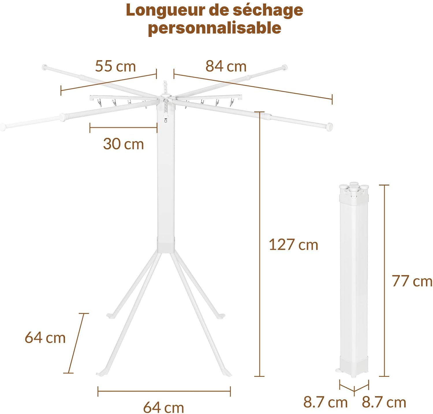 Étendoir pour linge 127 cm, trépied acier + pinces — 5