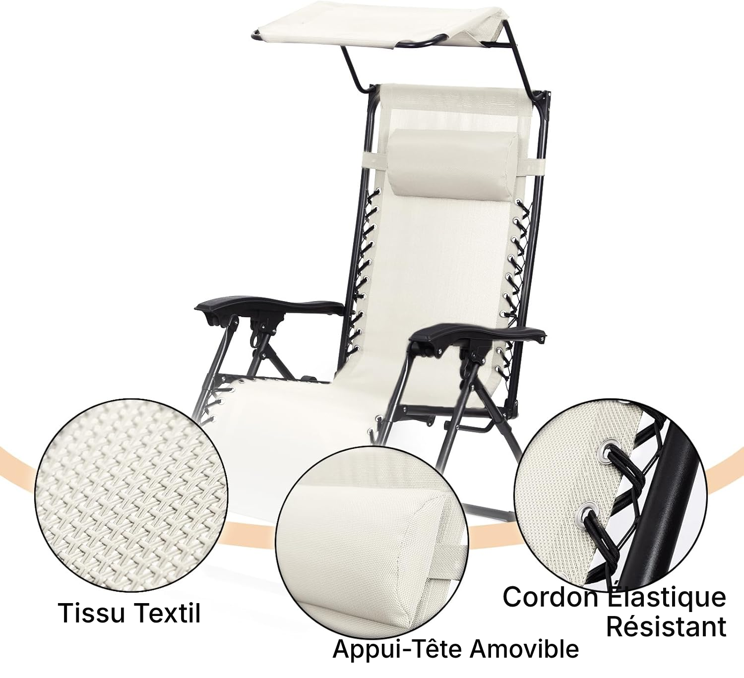 Transat pour jardin beige 110 cm avec pare-soleil — 2