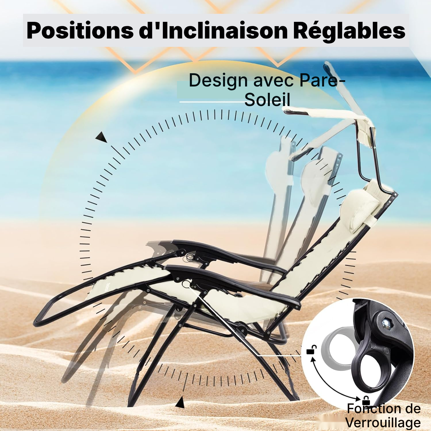 Transat pour jardin beige 110 cm avec pare-soleil — 3