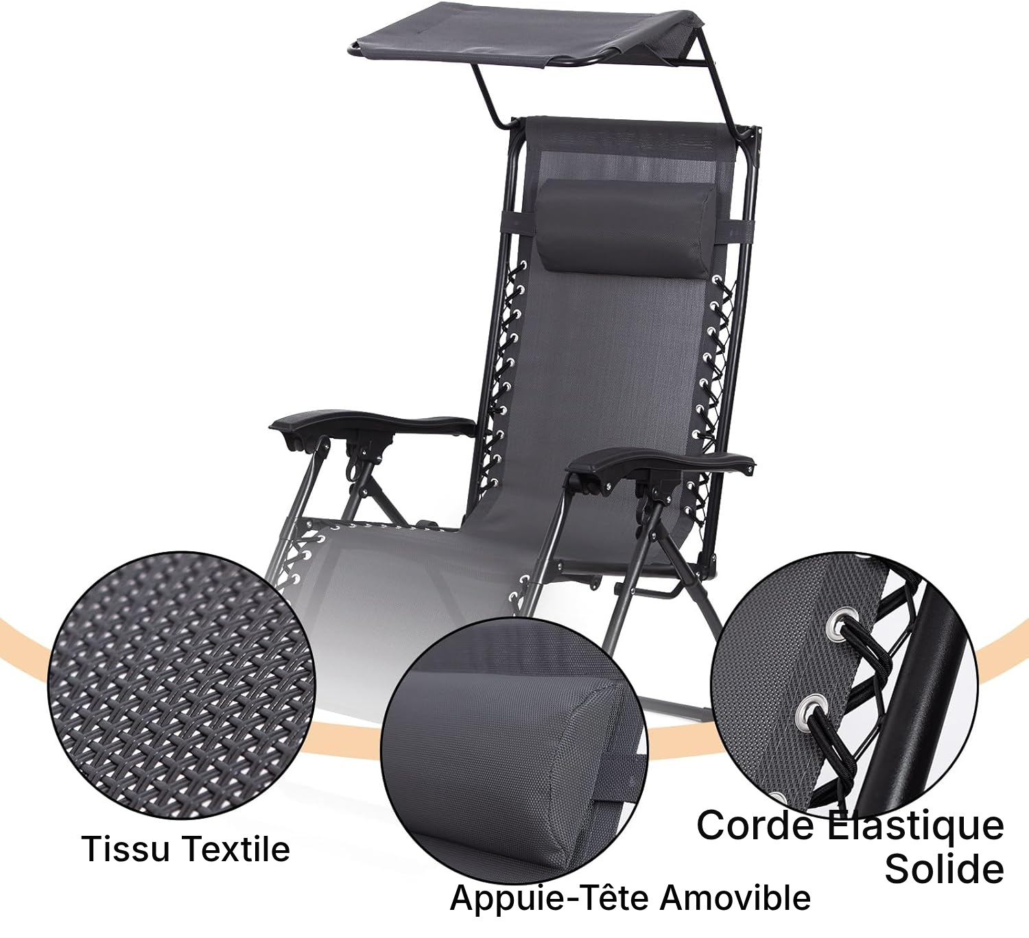 Bain de soleil pliable gris 165 cm avec ombre — 2