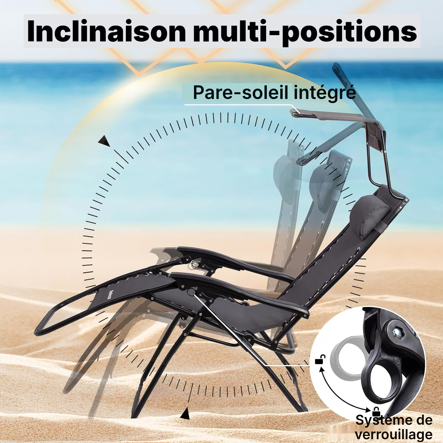 Bain de soleil pliable gris 165 cm avec ombre — 3