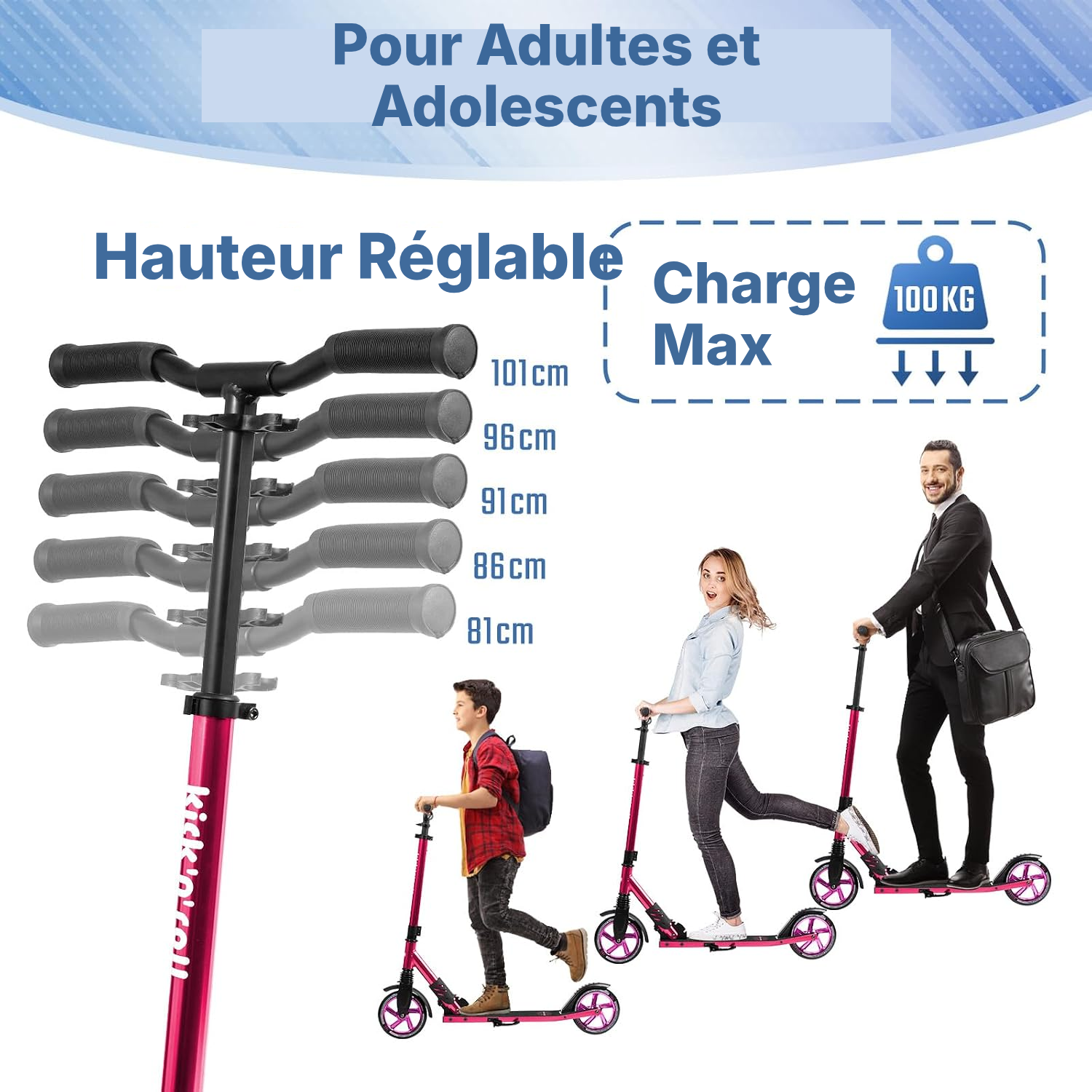 Trottinette pour adulte rose, hauteur 43 cm — 3