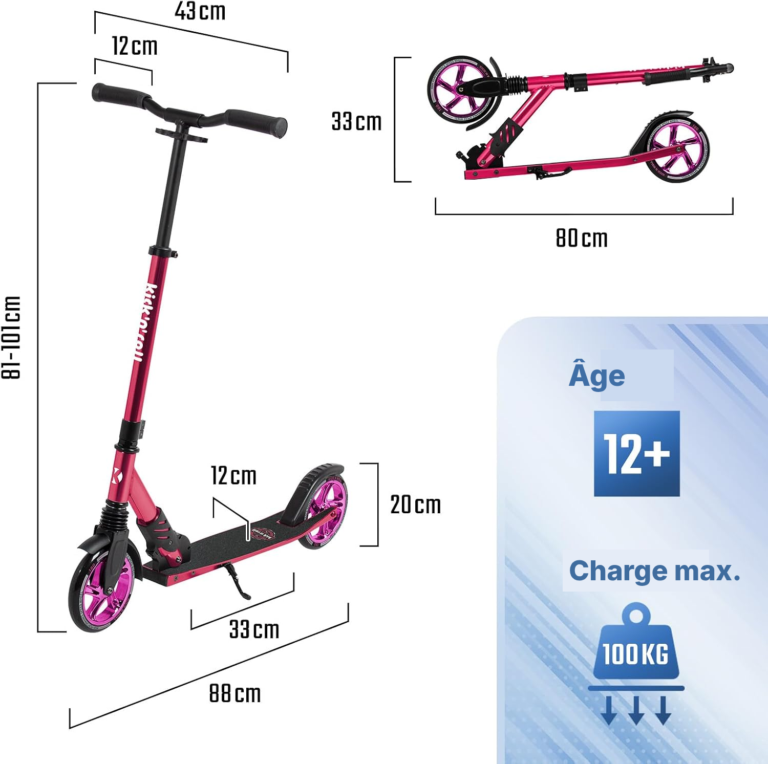 Trottinette pour adulte rose, hauteur 43 cm — 6