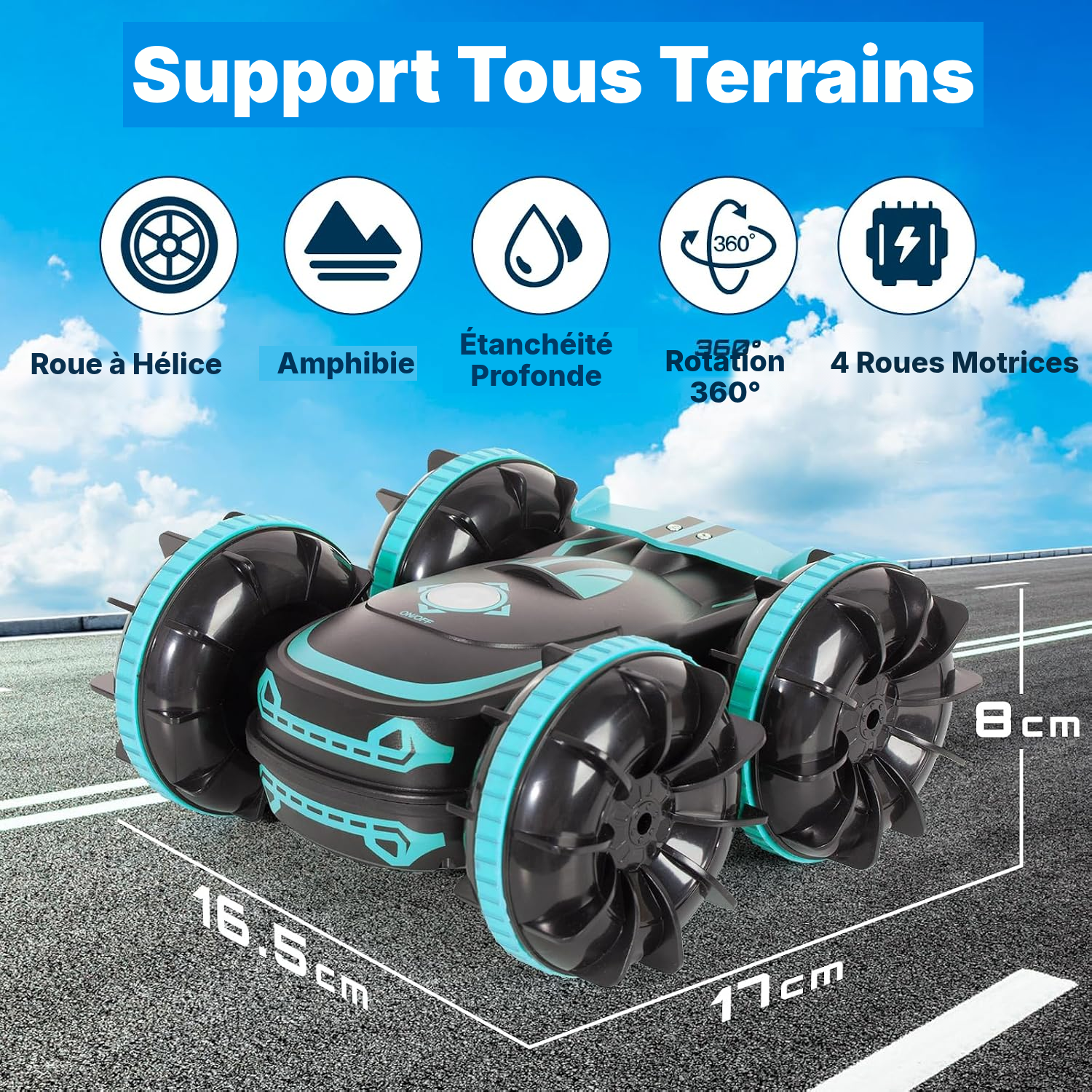 Voiture télécommandée 16 cm bleue – amphibie double — 2