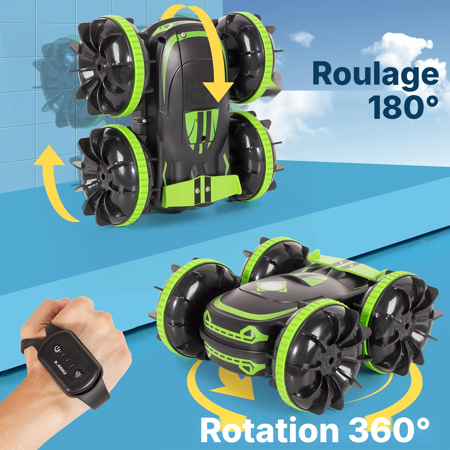 Voiture télécommandée amphibie double verte — 360° — 3