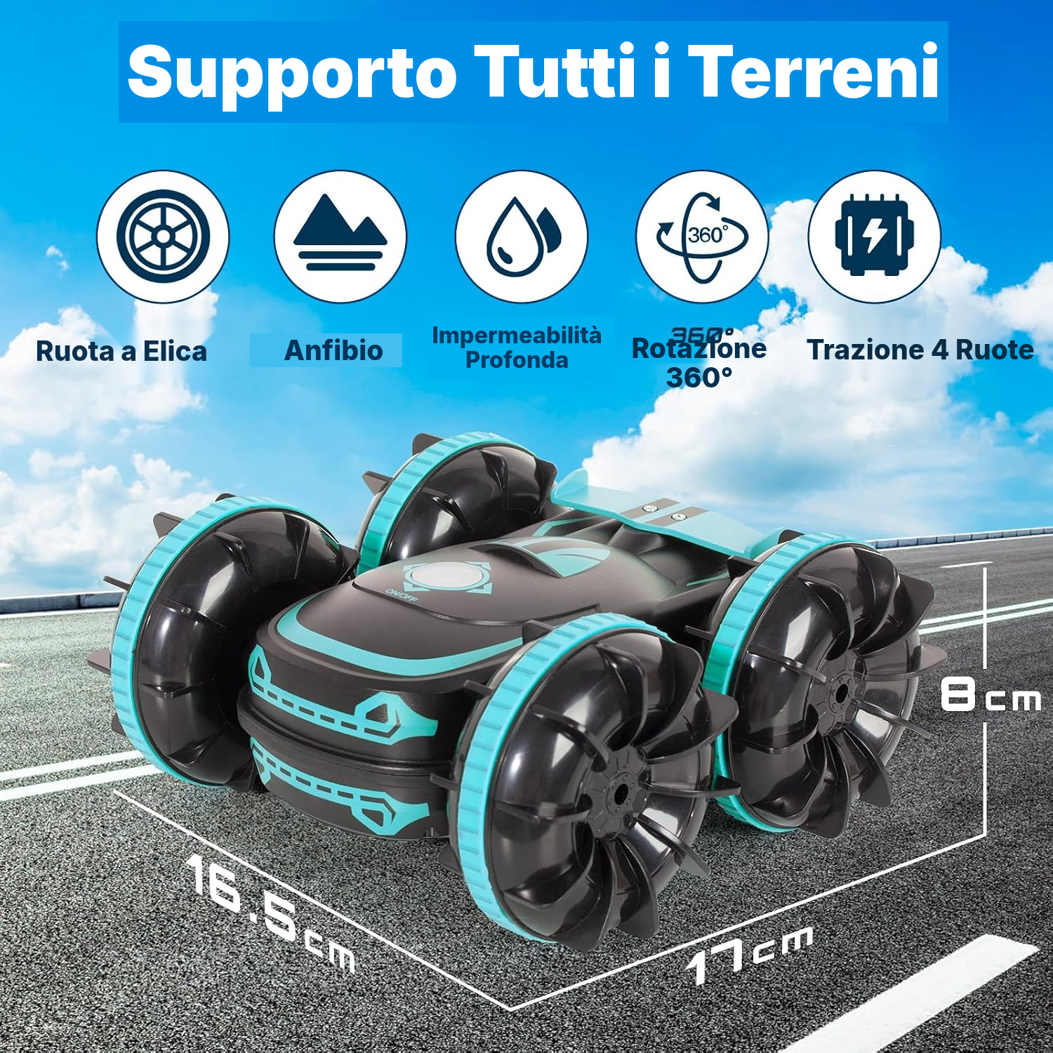 Auto RC anfibia blu da 16 cm con doppio comando — 2