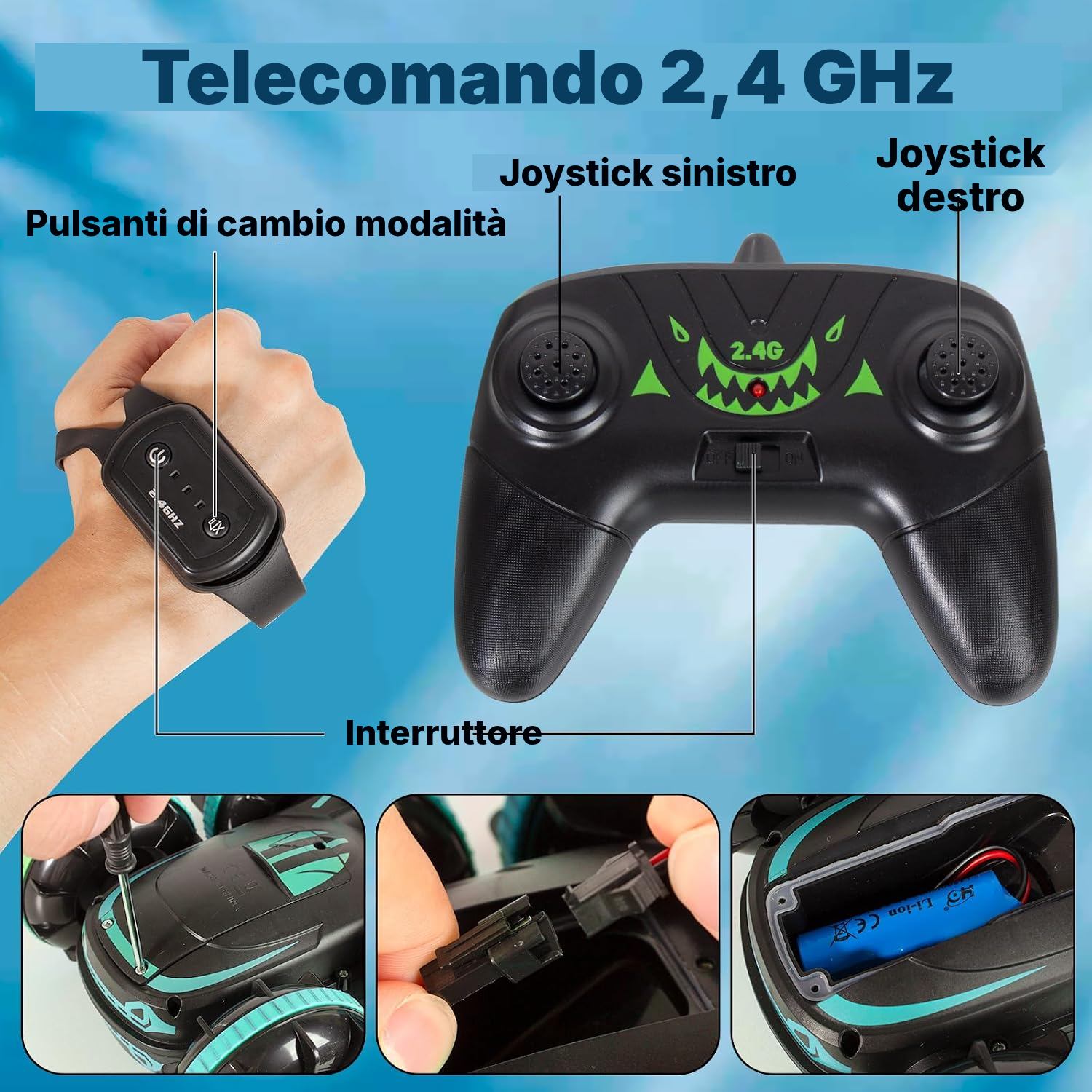Auto RC anfibia blu da 16 cm con doppio comando — 4