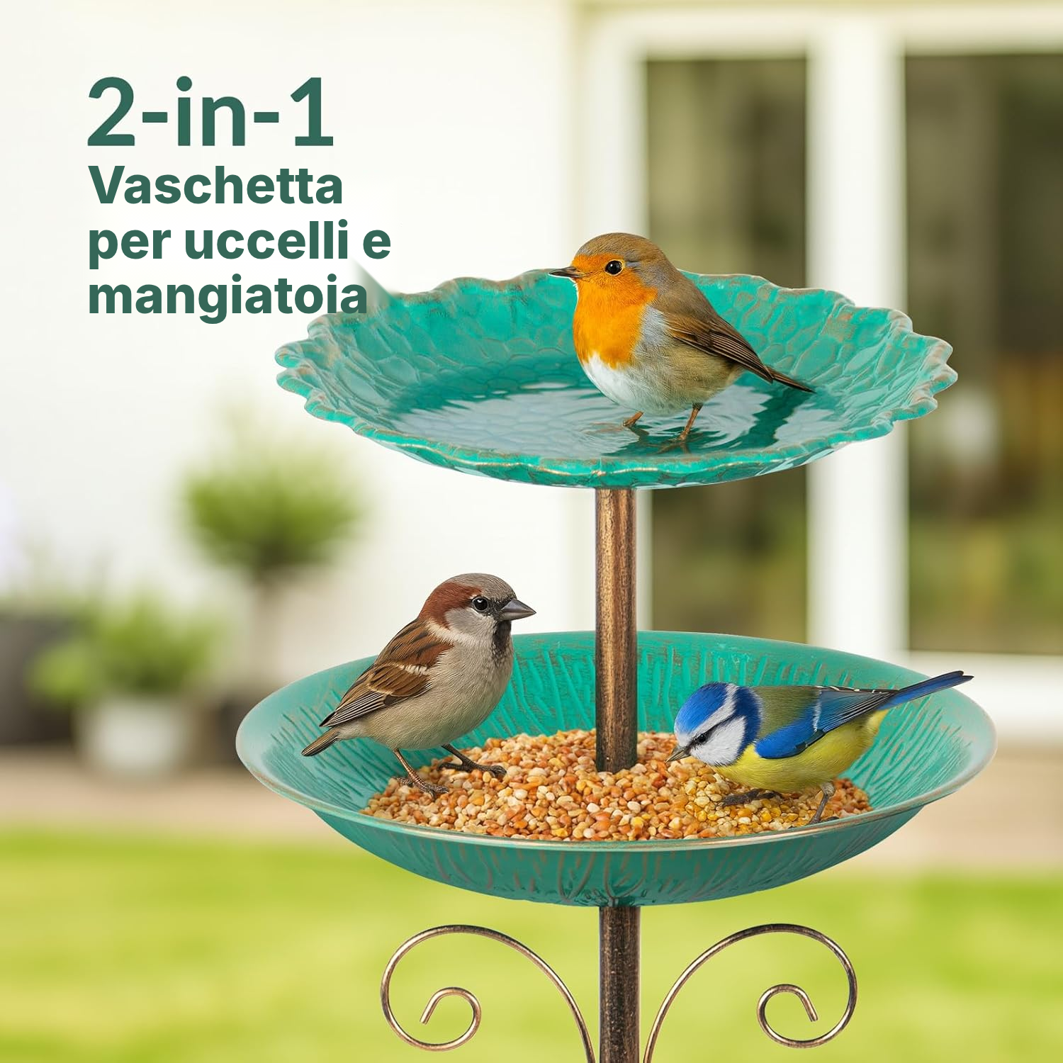 Mangiatoia uccelli 115 cm – 2 ciotole verdi — 2