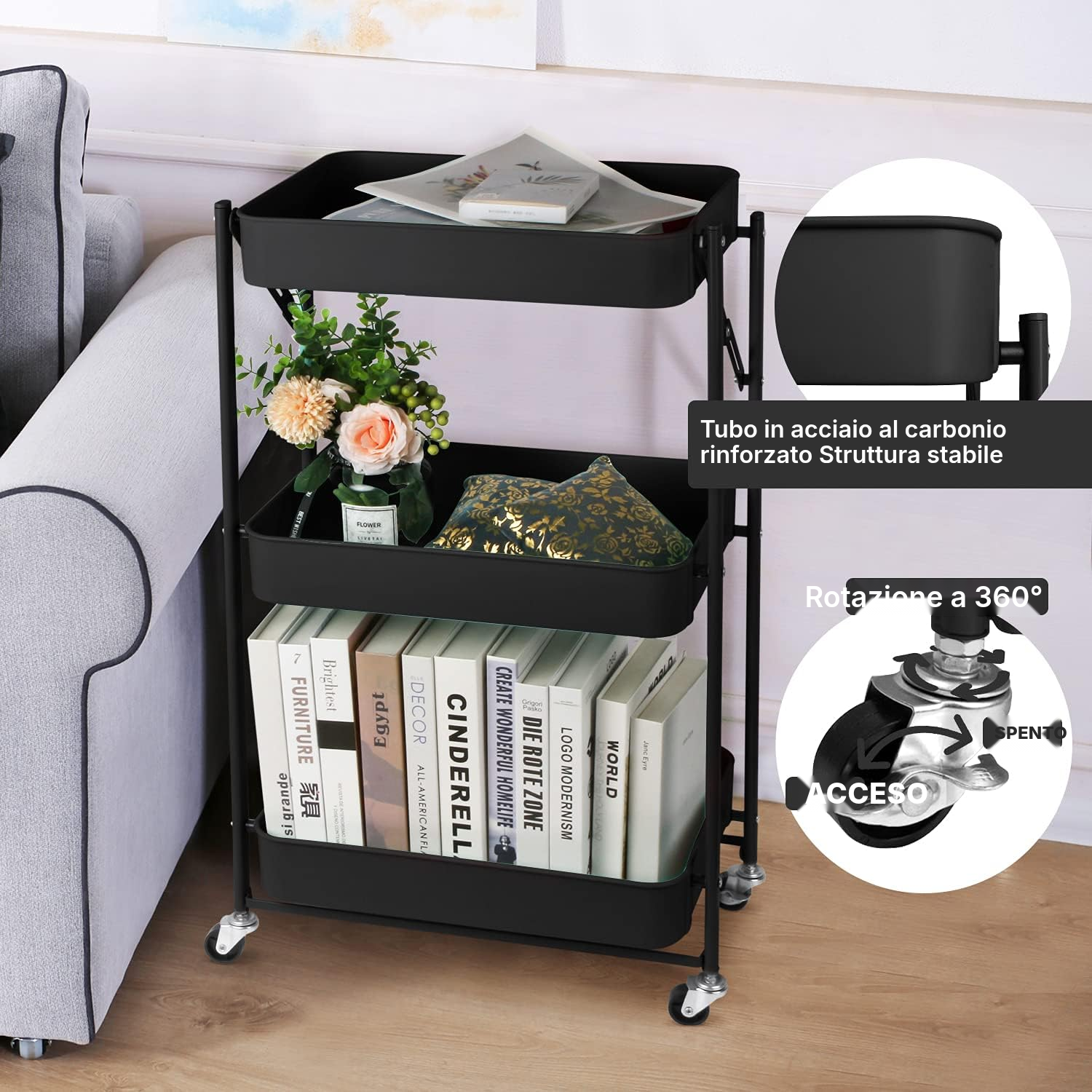 Carrello per cucina pieghevole nero – 3 livelli — 4