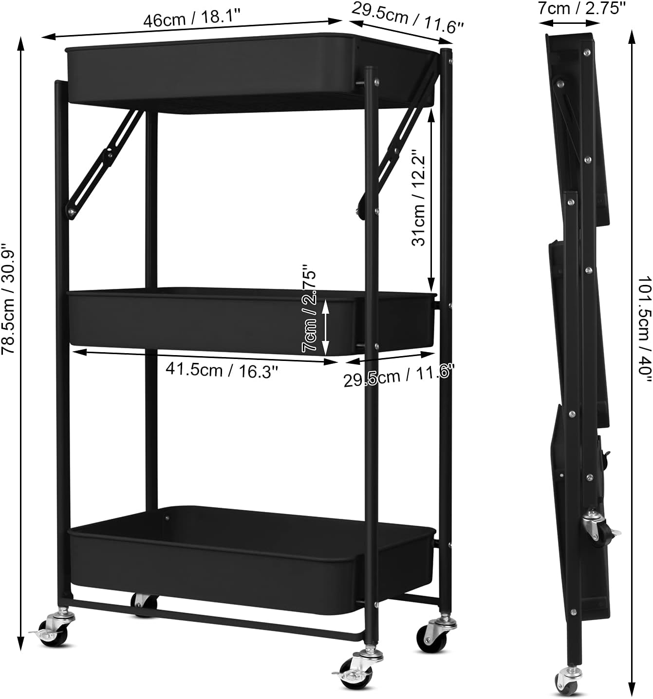 Carrello per cucina pieghevole nero – 3 livelli — 7