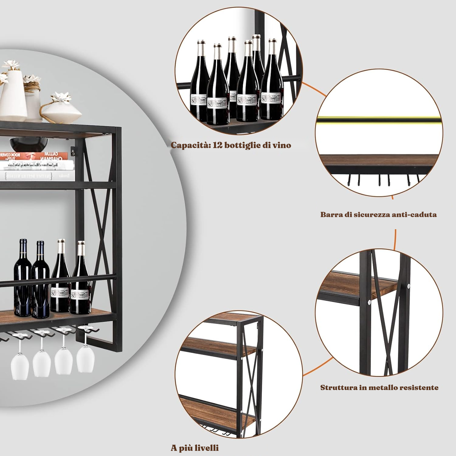 Porta bottiglie vino: scaffale a parete nero — 2