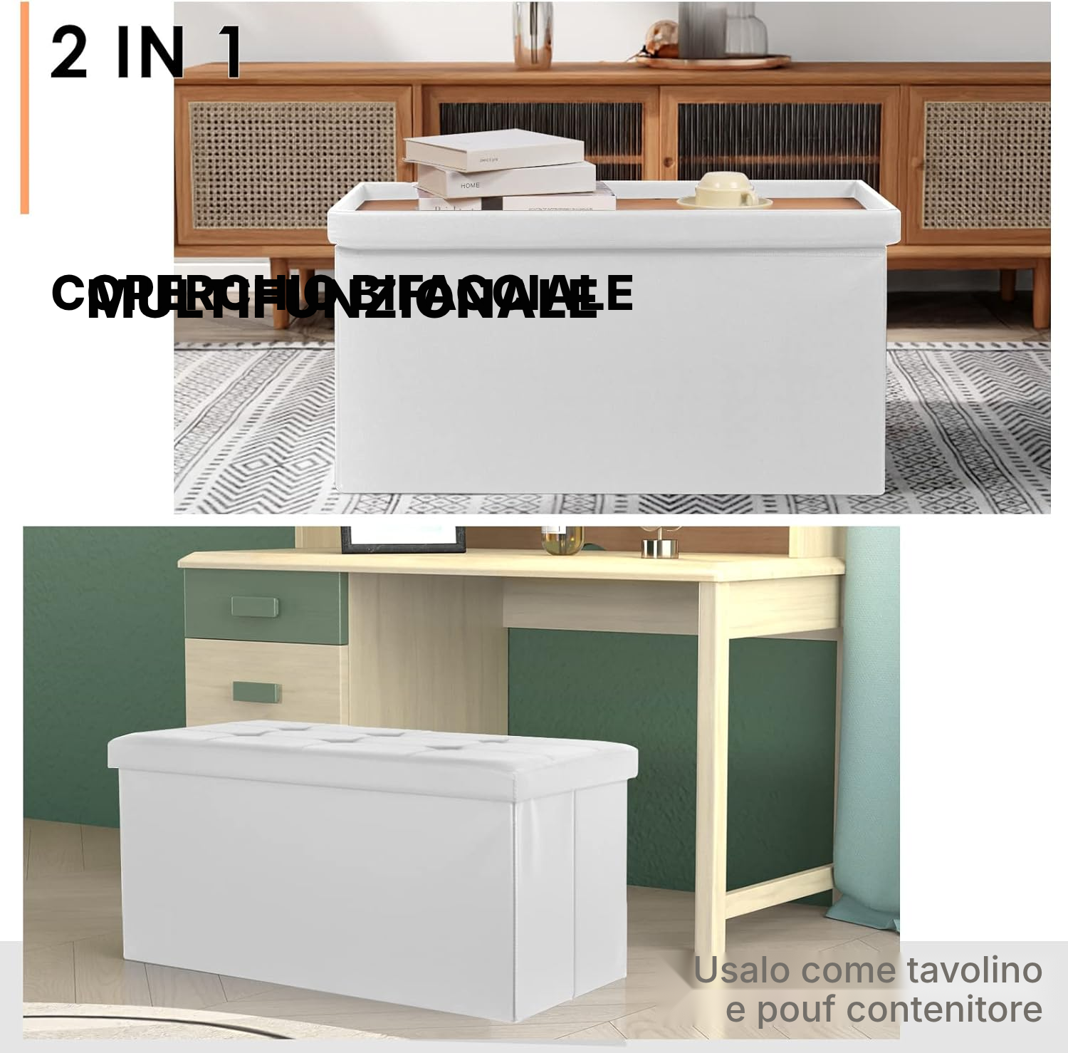 Pouf con contenitore bianco 80 L – ordine e seduta — 3