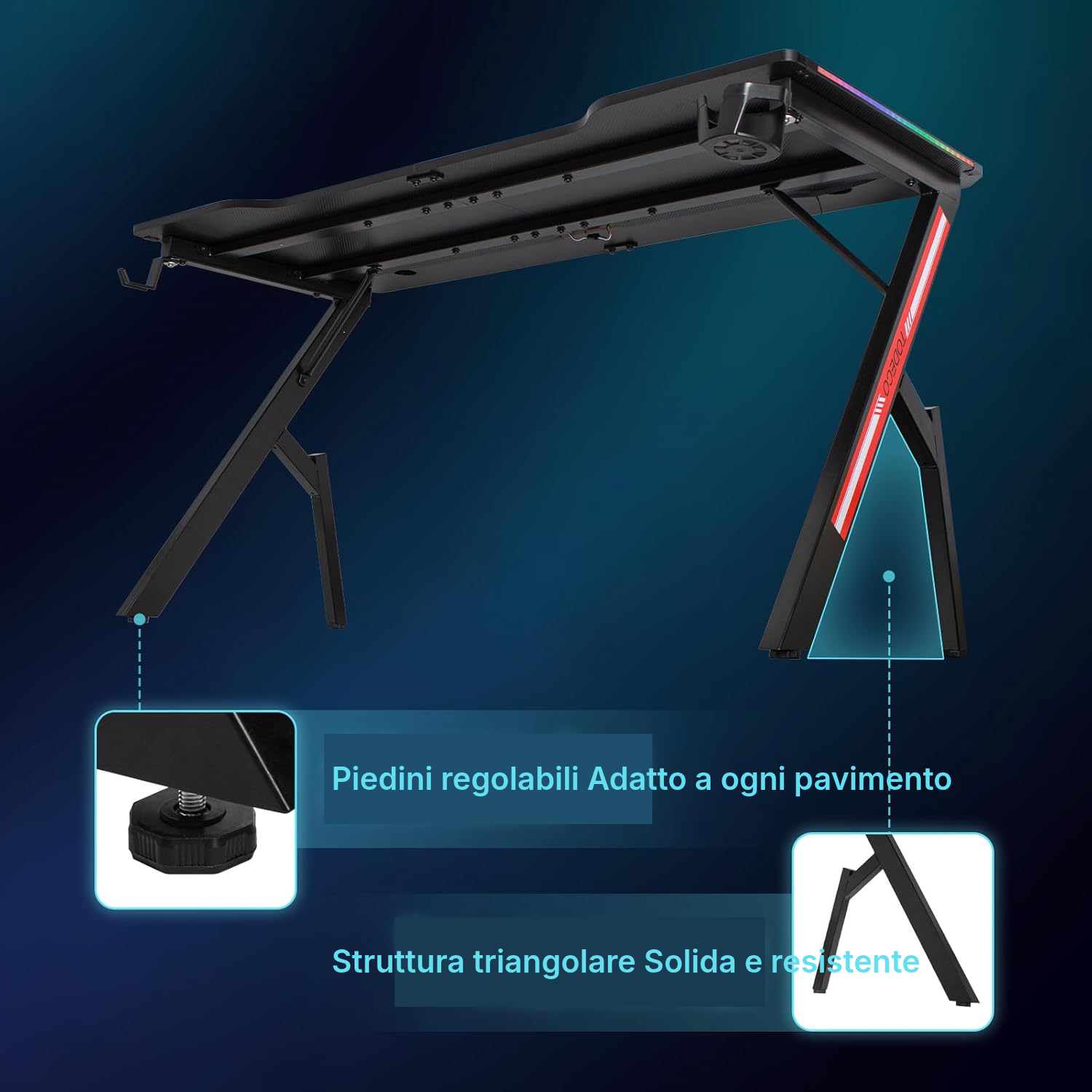 Scrivania da gamer 140 cm LED, setup ordinato — 6
