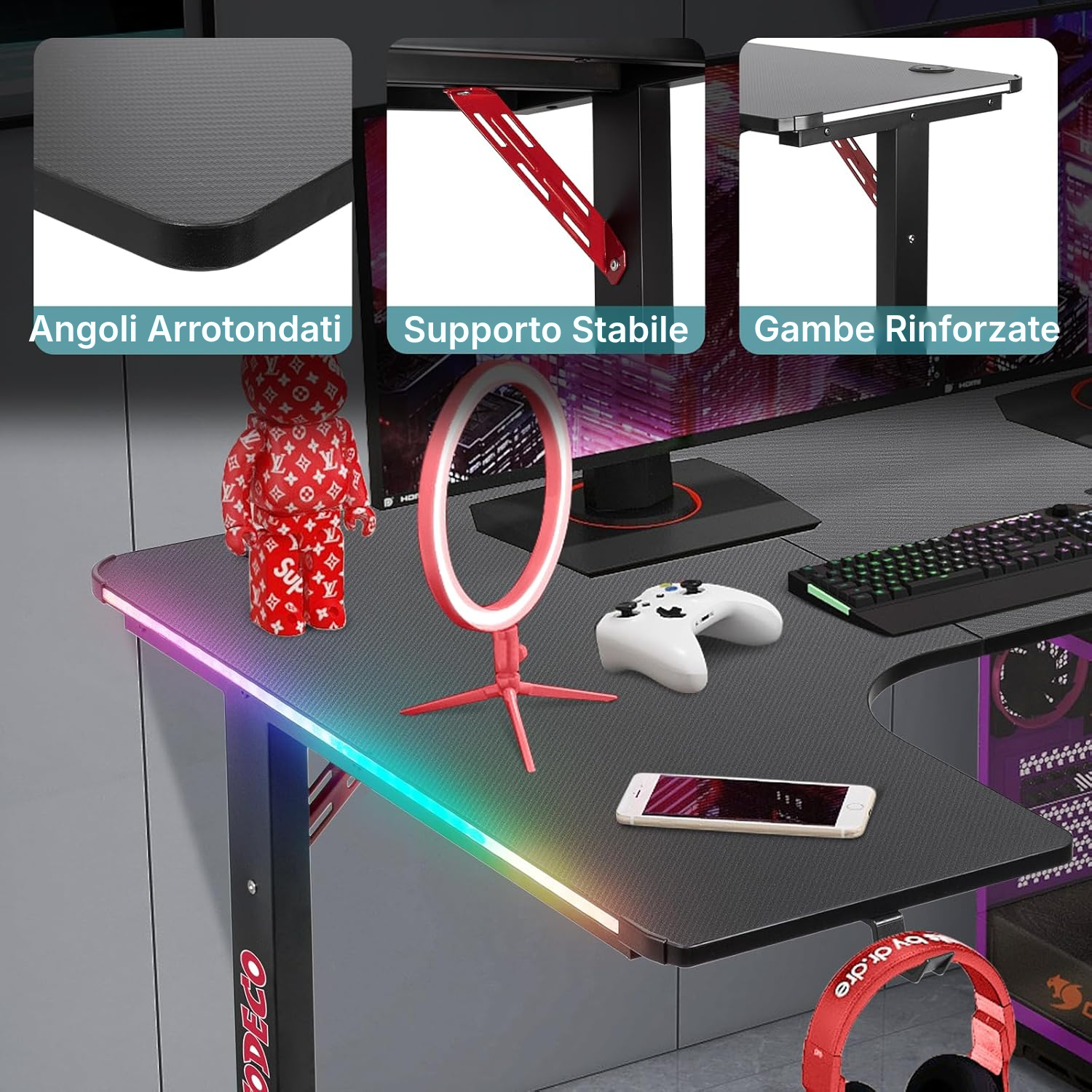 Scrivania angolare gaming 160 cm con LED RGB — 4
