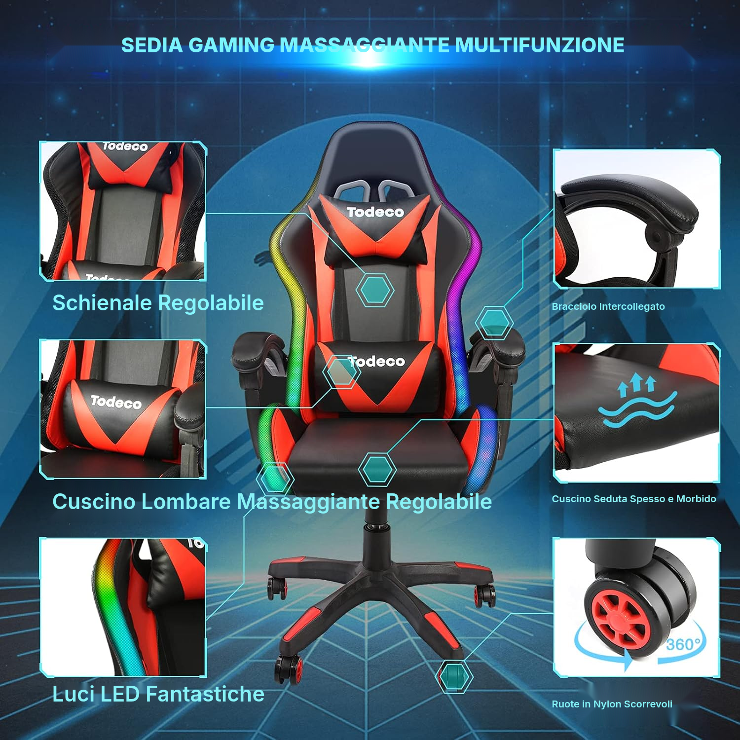 Sedia gaming rossa con massaggio e LED RGB — 3
