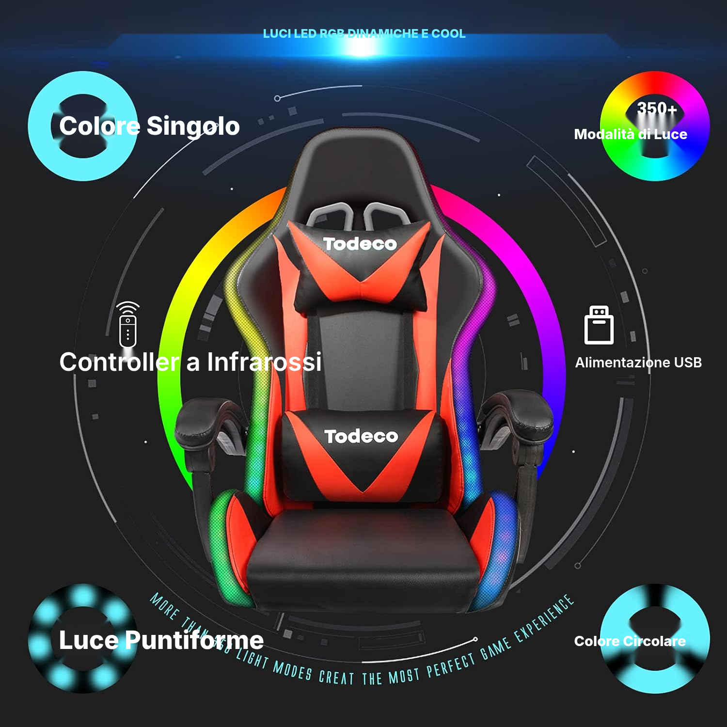 Sedia gaming rossa con massaggio e LED RGB — 4