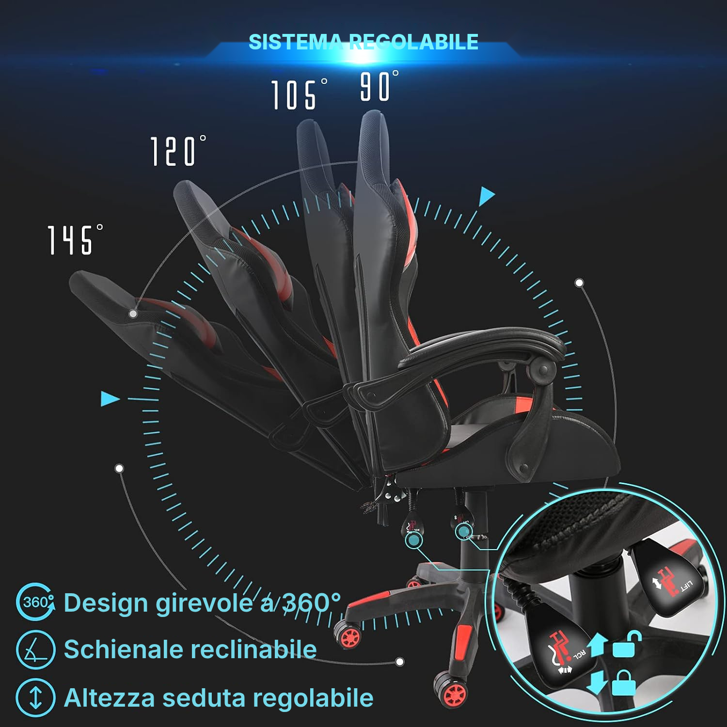 Sedia gaming rossa con massaggio e LED RGB — 5