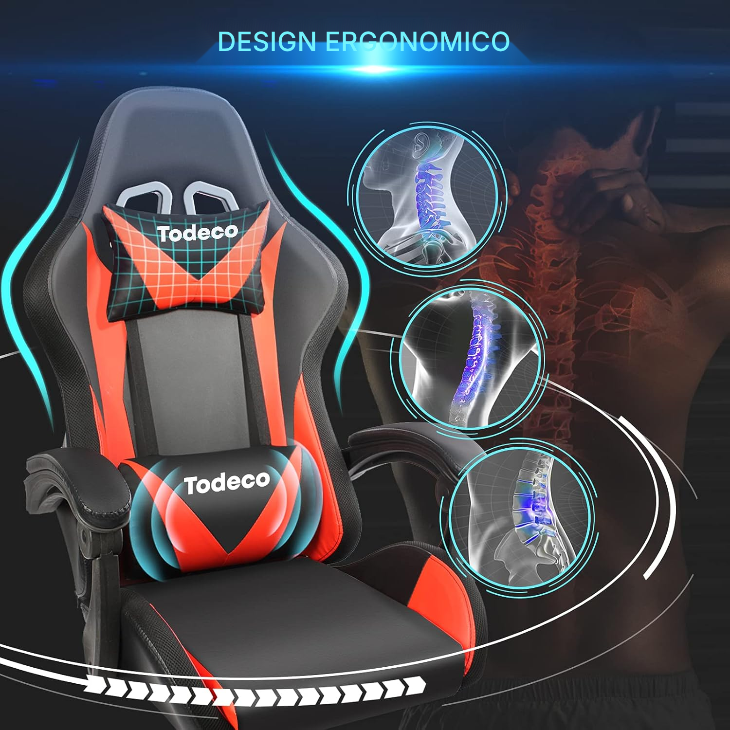 Sedia gaming rossa con massaggio e LED RGB — 6