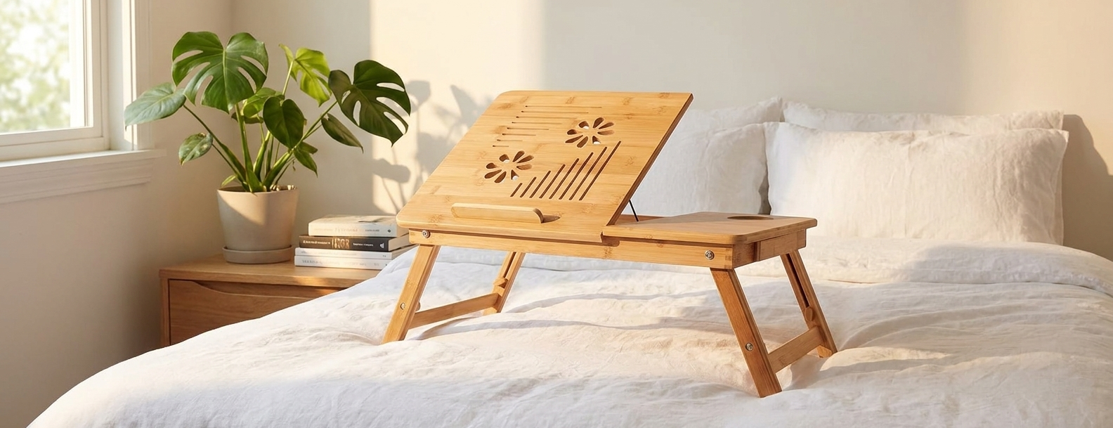 Tavolino pieghevole in bambù per il letto