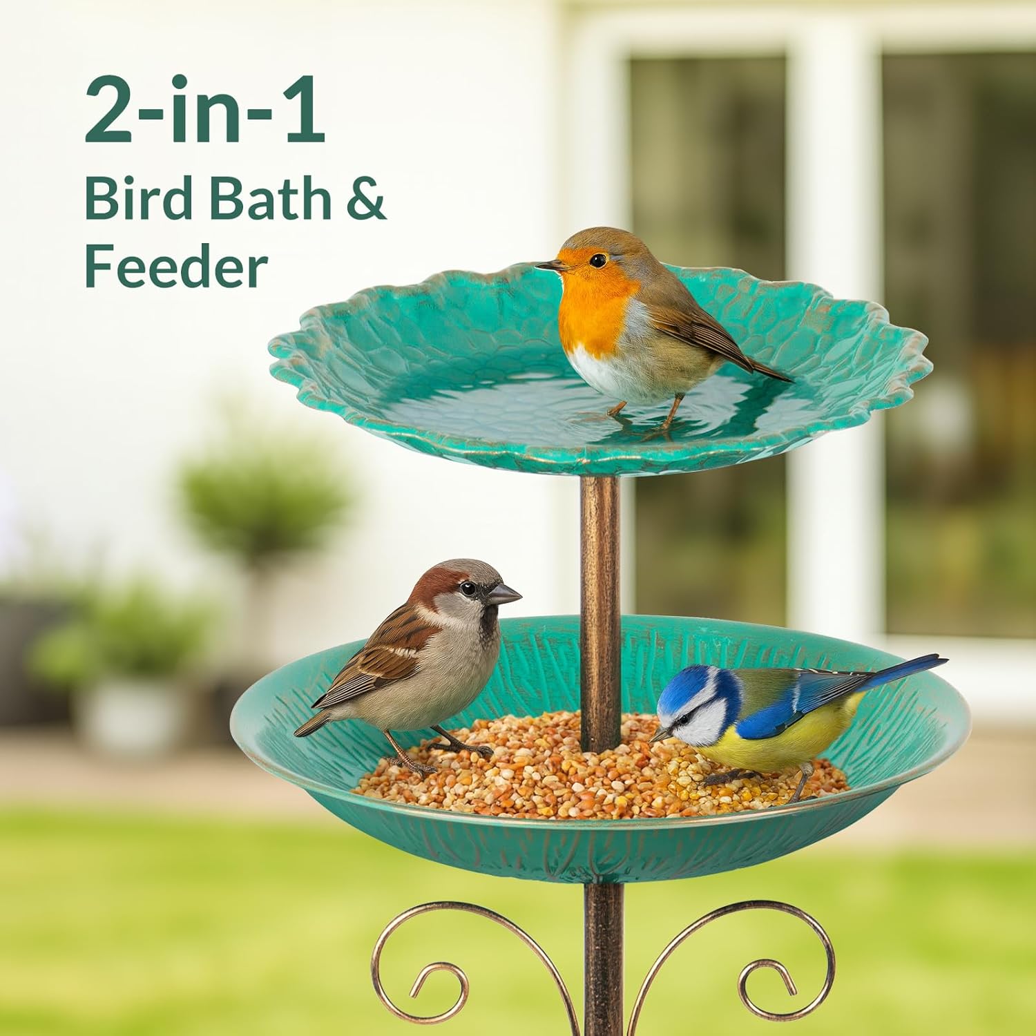 Vogelbad op voet 115 cm – 2 groene schalen — 2