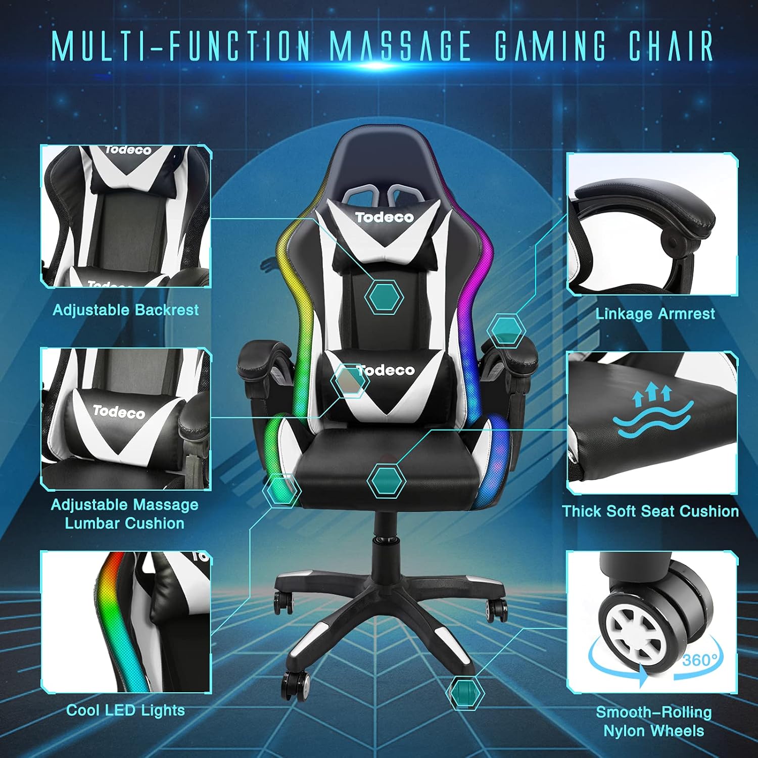 Biały fotel masujacy gamingowy RGB — 3