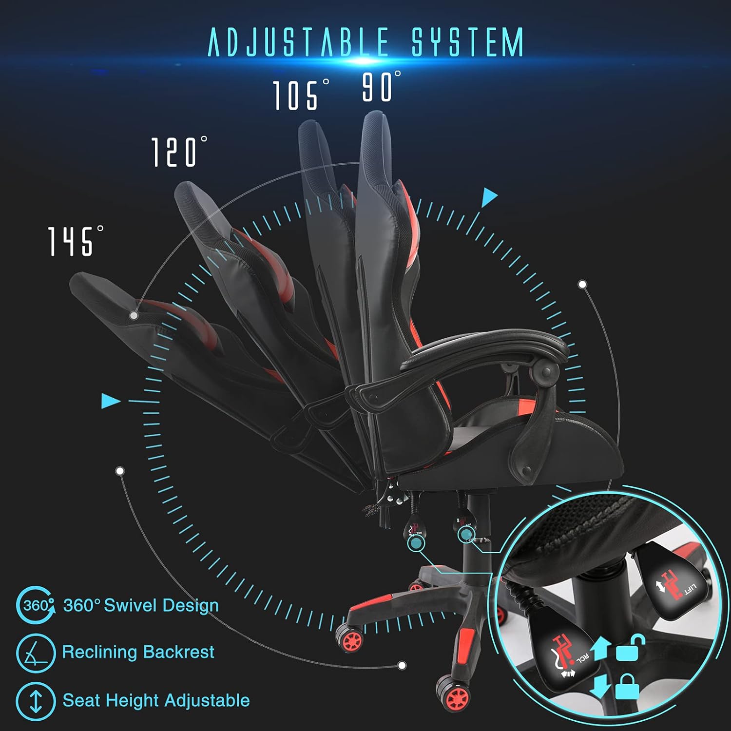 Czerwony fotel gamingowy – masaż i LED RGB — 5
