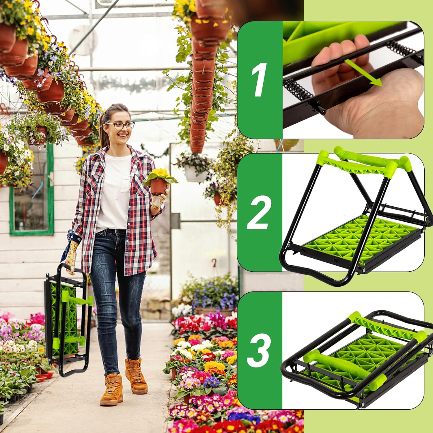 Banca de jardim ajoelhável dobrável preta — 7
