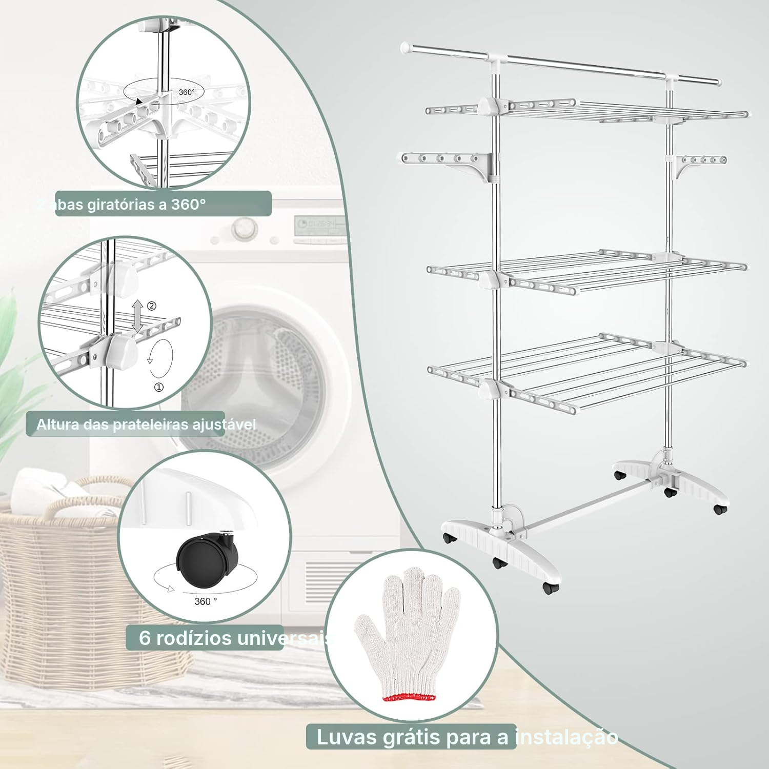 Varal de roupa branco com 3 níveis — 2