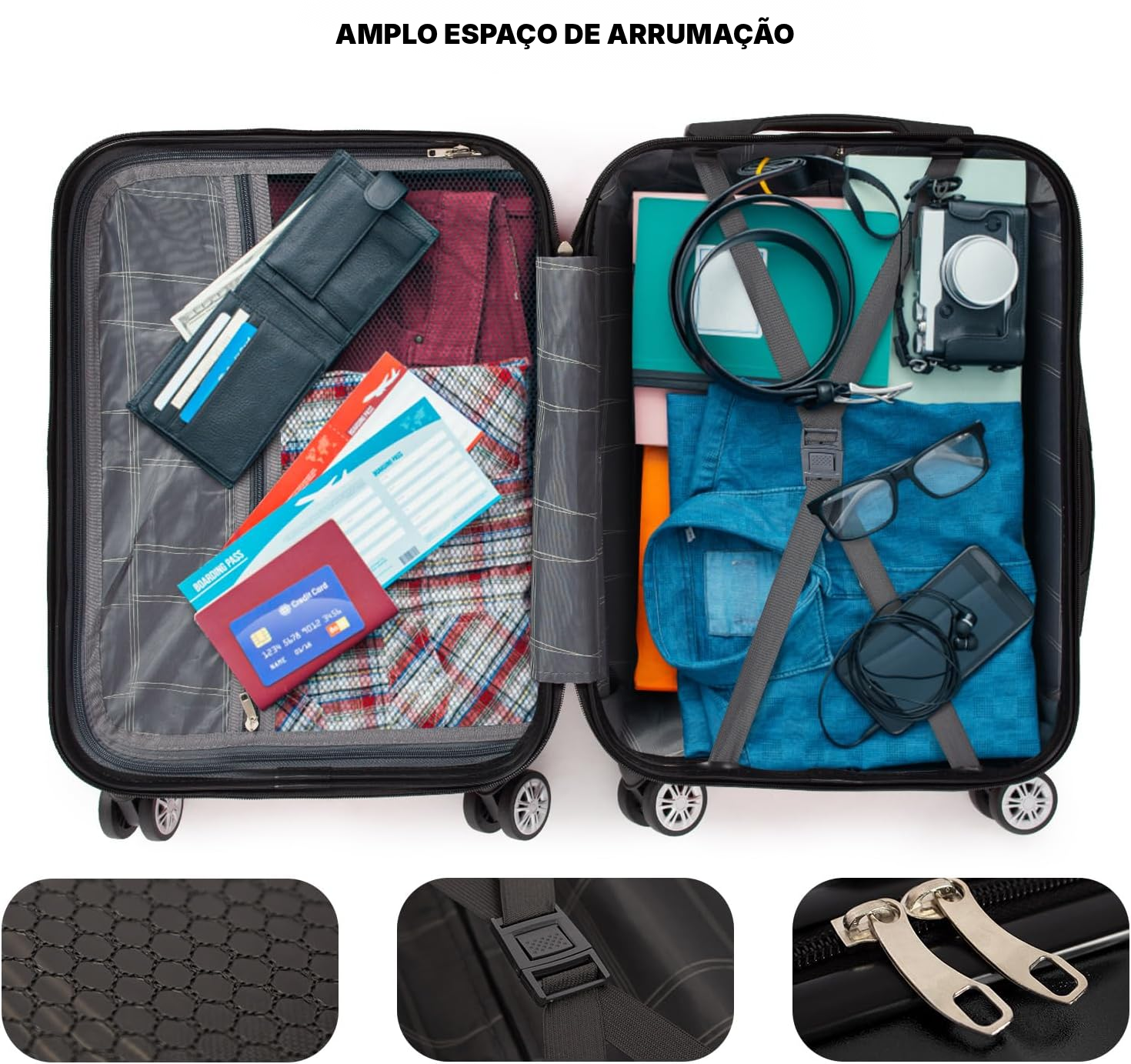 Mala de cabine rígida preta 56 cm, 33 L — 2