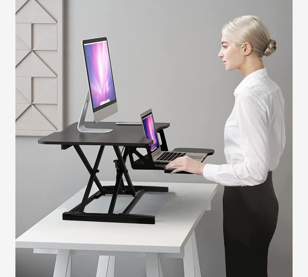 Height Adjustable Stand up Desk Converter 32 Inch Wide Platform Height Adjustable Stand up Desk Riser with Removable Keyboard Tray Home Office Computer Desk Workstation Black 