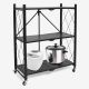 Todeco - Foldable Storage Shelf, Metal Shelf with Wheels, Storage Shelf for Living Room, Kitchen, Shower Room, Cloakroom, Bedroom, 88 * 72 * 35 cm, 3 Levels, Black