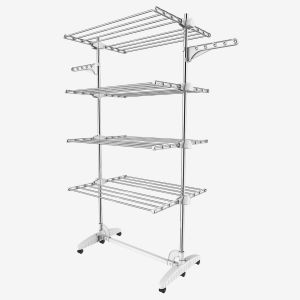 Todeco Laundry Drying Rack, Indoor Foldable Airer, 4 shelves, White, with wings, Material: Stainless steel tubes