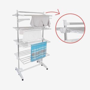 Todeco Laundry Drying Rack, Indoor Foldable Airer, 4 shelves, White, with wings and top bar, Material: Stainless steel tubes