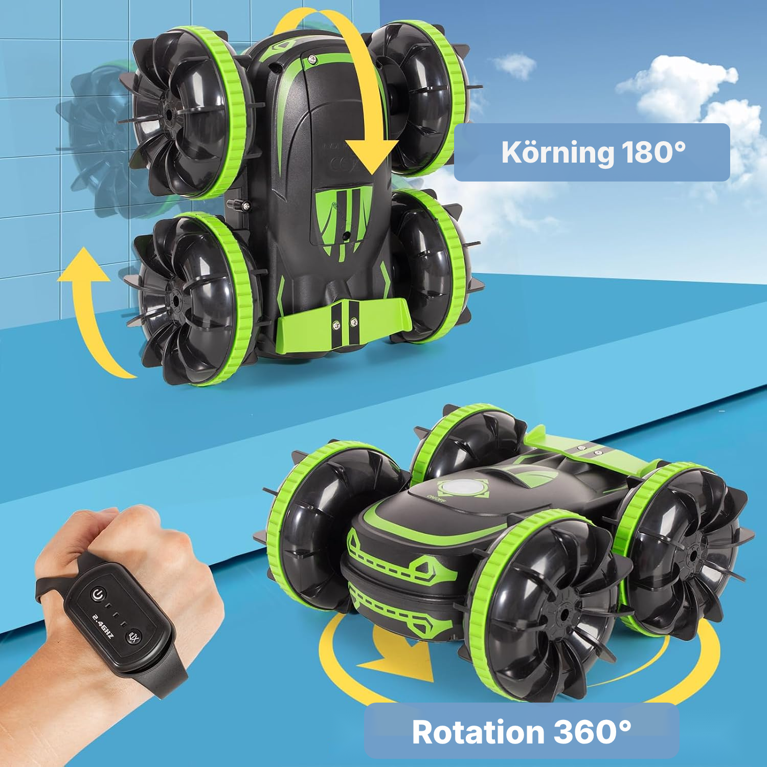 Amfibisk radiostyrd bil dubbel grön 360° — 3